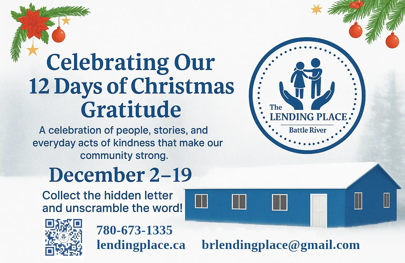 Celebrating Our 12 Days of Christmas Gratitude, Christmas image with greenery in top left and top right corner, new under one roof building with snow on roof