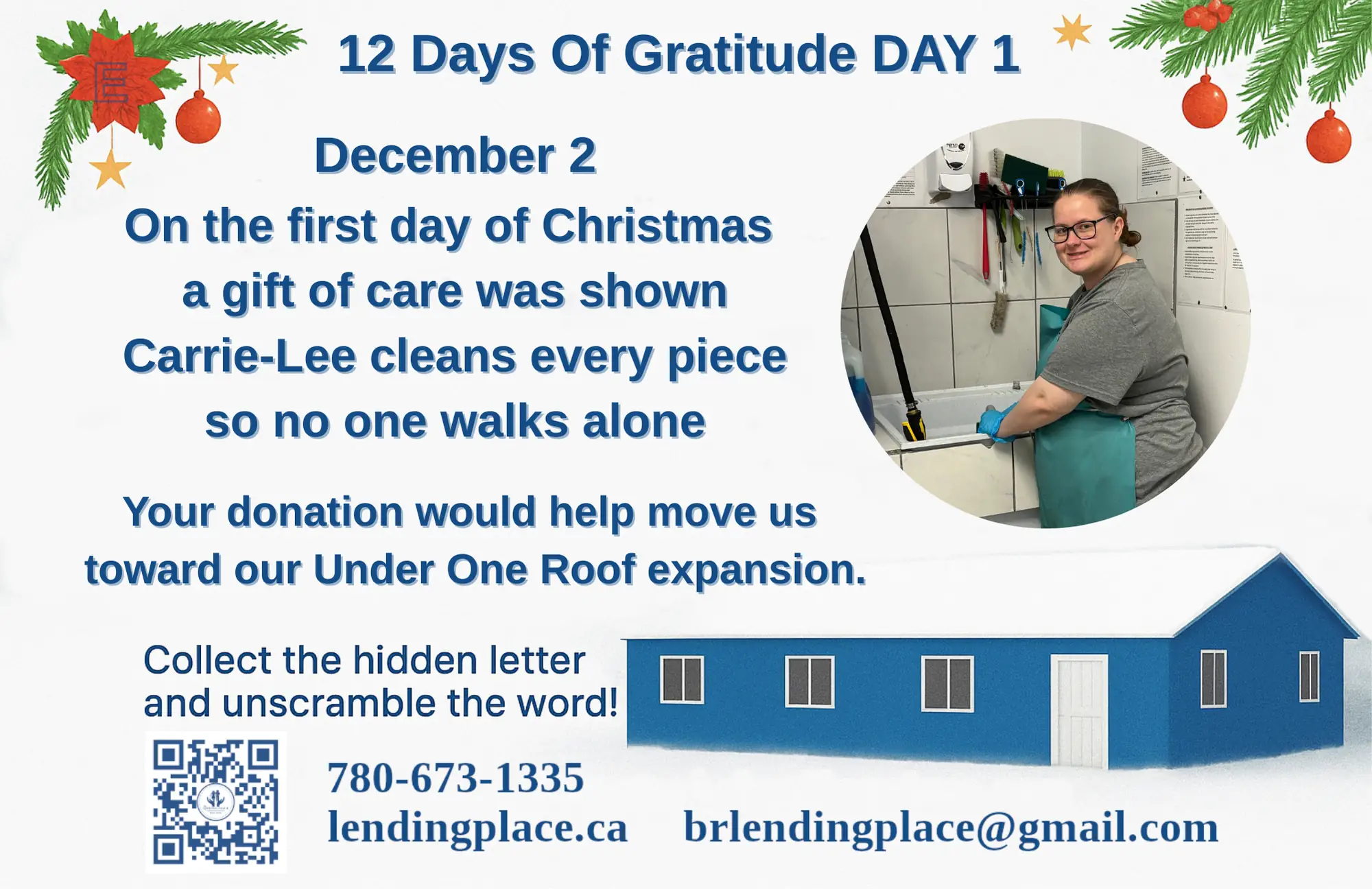 Celebrating Our 12 Days of Christmas Gratitude - Day 1, Christmas image with greenery in top left and top right corner, image of Carrie-Lee