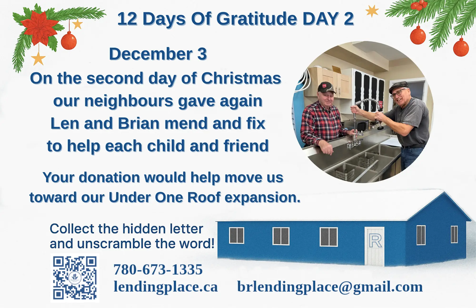 Celebrating Our 12 Days of Christmas Gratitude, Christmas image with greenery in top left and top right corner, image of Lend and Brian