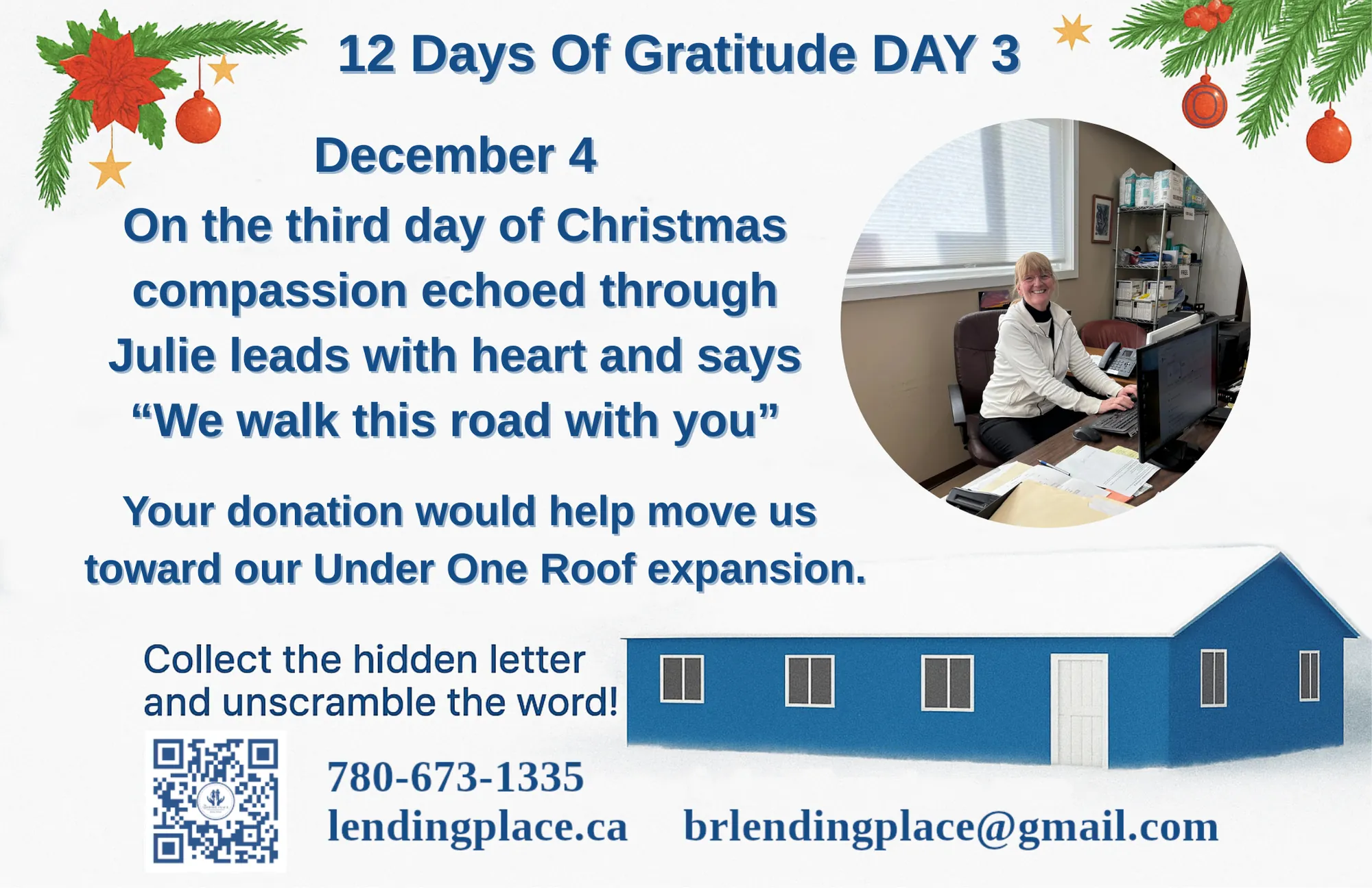 Celebrating Our 12 Days of Christmas Gratitude, Christmas image with greenery in top left and top right corner, image of Julie