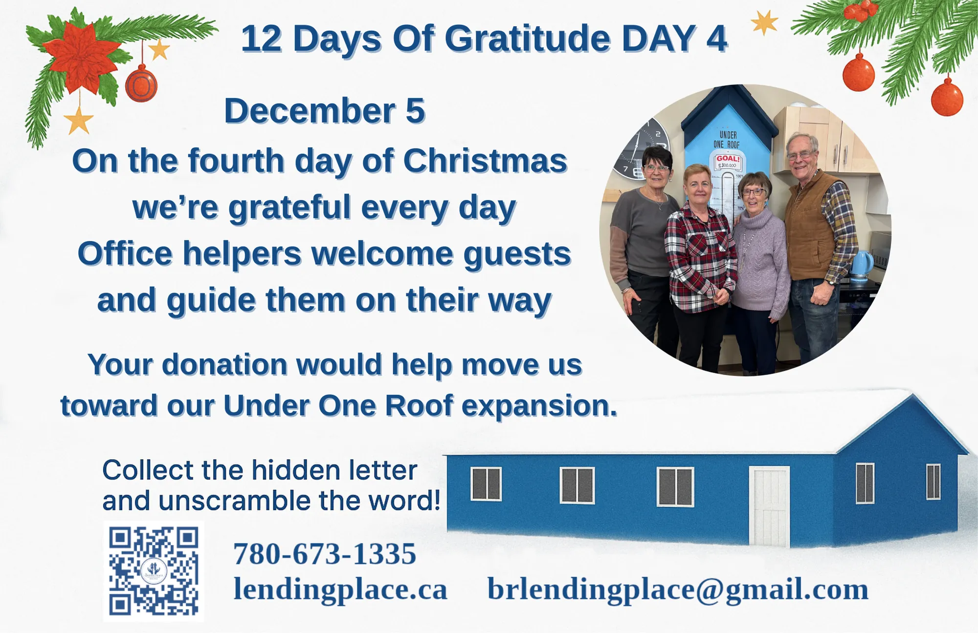 Celebrating Our 12 Days of Christmas Gratitude, Christmas image with greenery in top left and top right corner, image of office helpers