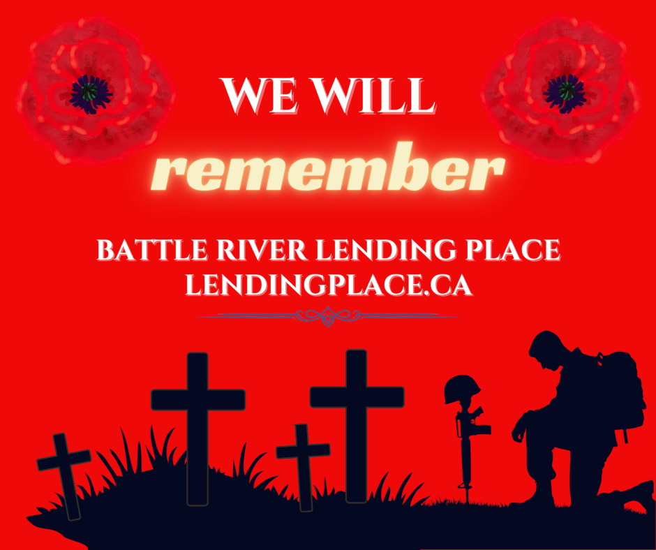 poppy in the top left and a poppy in the top right corner, in the center the words we will remember, at the bottom is a silhouette image of 4 crosses and a solder on one knee, head bowed, gun driven in the ground barrel first with his helmet on top of the stock