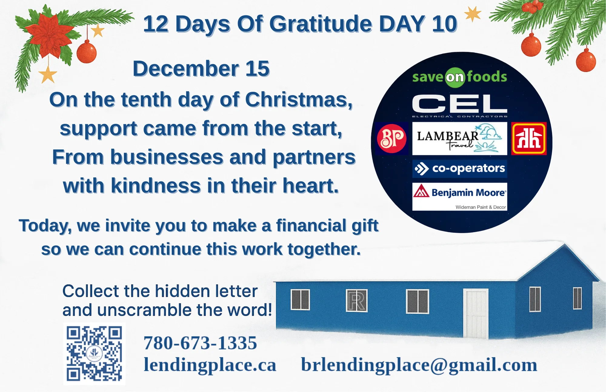 Celebrating Our 12 Days of Christmas Gratitude, Christmas image with greenery in top left and top right corner, Save On Foods, Cel Elecric Contractors, Lambear Travel, Boston Pizza, Home Hardware, Co-operators, Wideman Paint & Decor