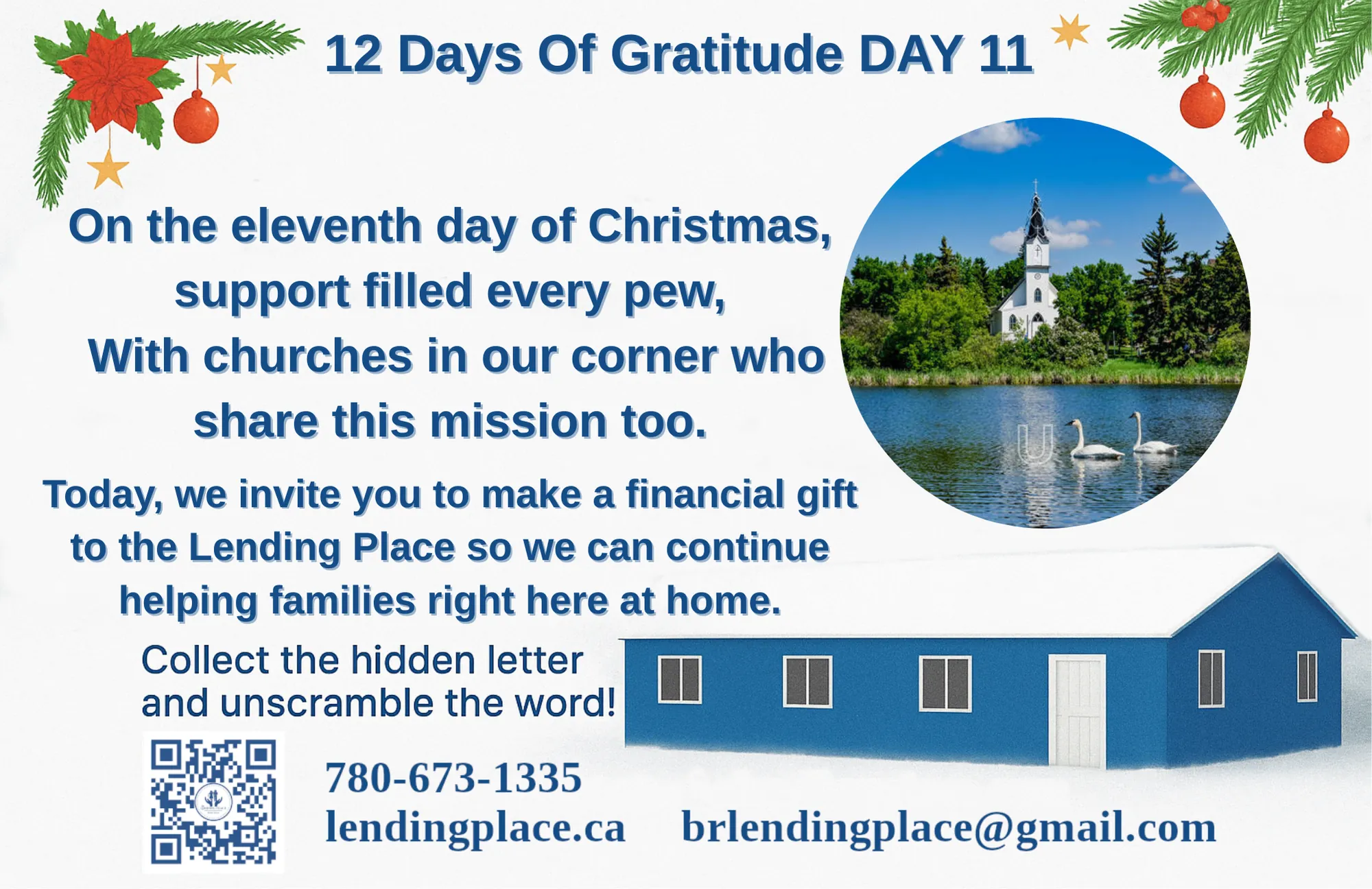 Celebrating Our 12 Days of Christmas Gratitude, Christmas image with greenery in top left and top right corner, mirror lake church and two swans