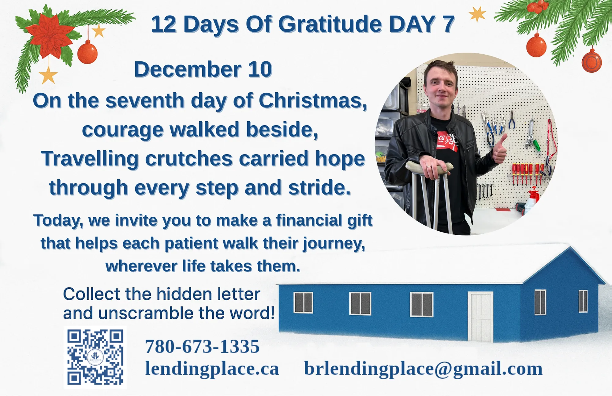 Celebrating Our 12 Days of Christmas Gratitude, Christmas image with greenery in top left and top right corner, image of travelling crutches