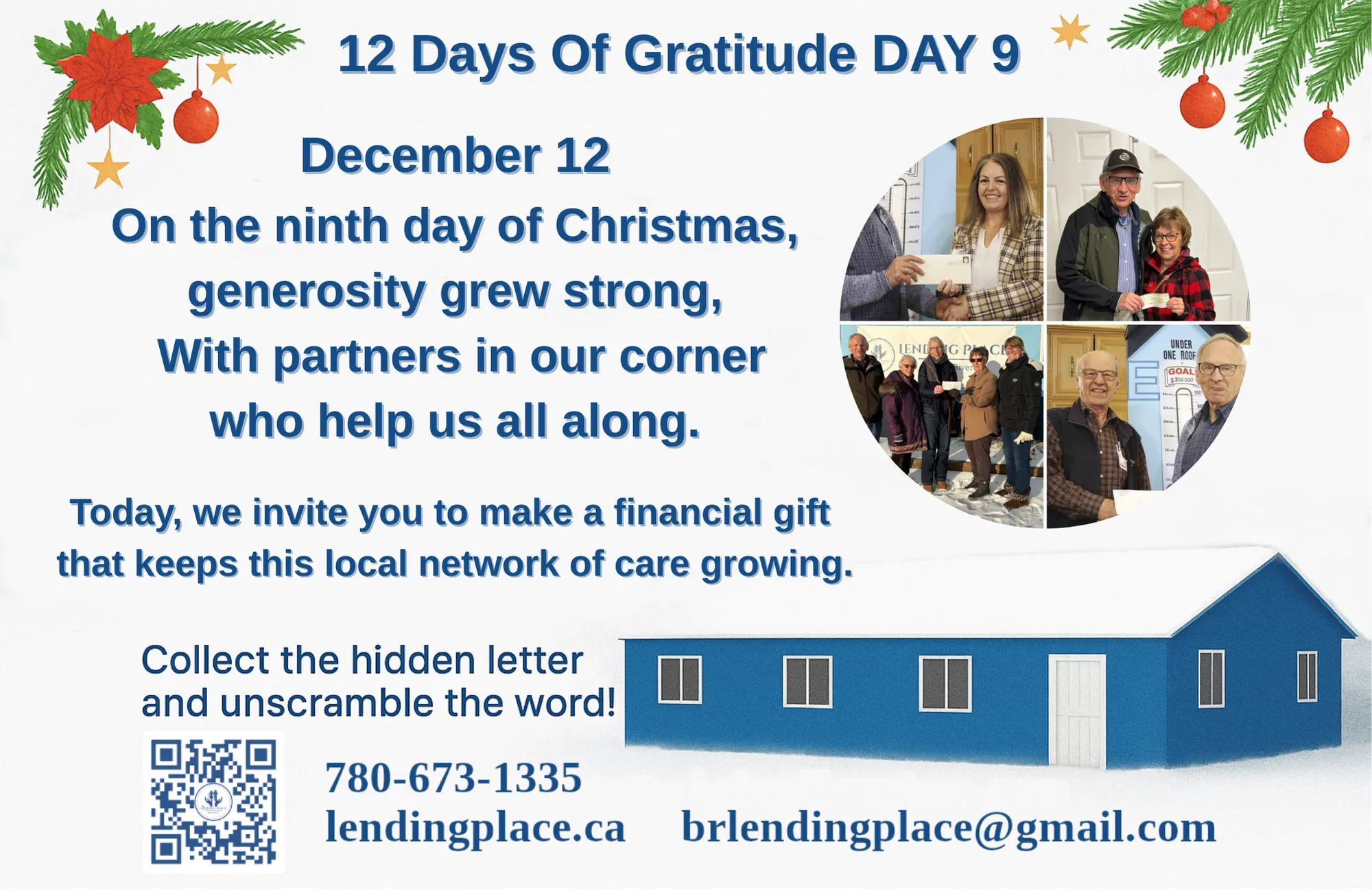 Celebrating Our 12 Days of Christmas Gratitude, Christmas image with greenery in top left and top right corner,  Battle River Community Foundation, Family Thrift Store, Men’s Shed, Rotary Club, Royal Canadian Legion