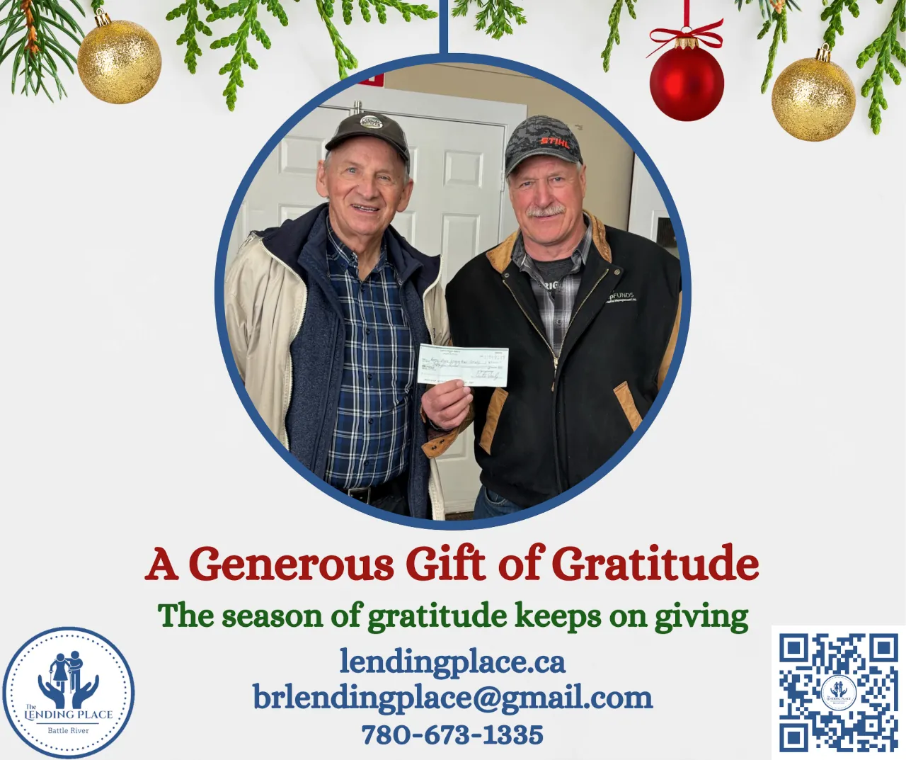 In the photo, Curtis Vesely presents the cheque to Erhard Pinno, President of Battle River Lending Place.